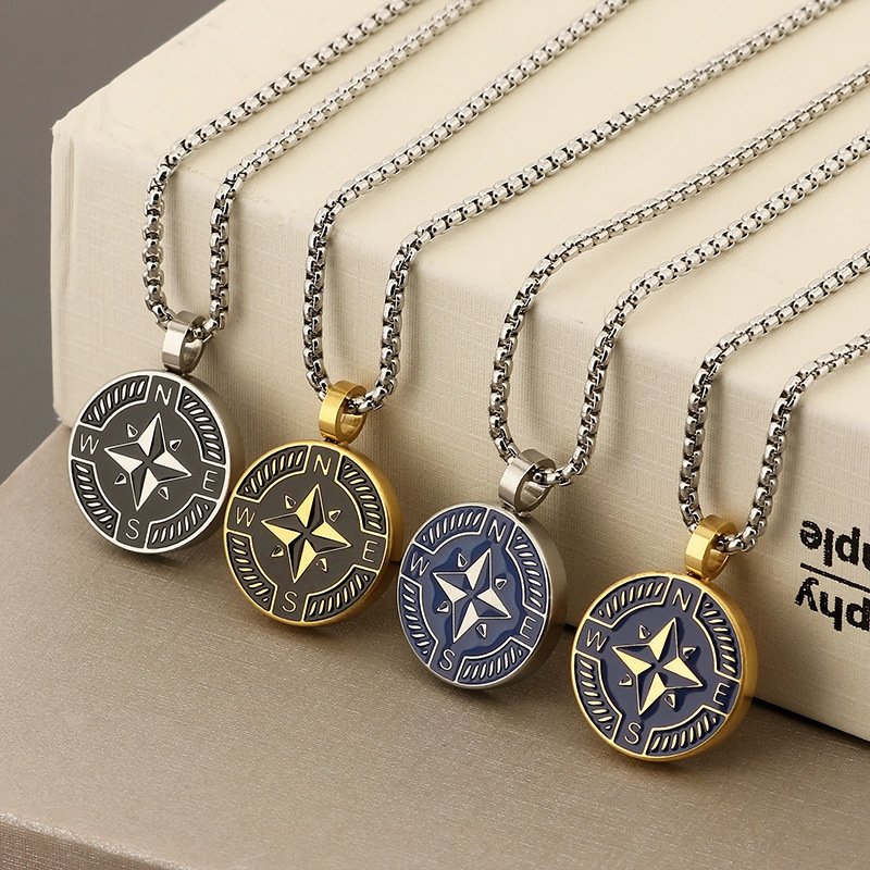 Couple Stainless Steel Nautical Boat Anchor Star Sea Compass Personality Niche Compass Design Sweater Chain Necklace