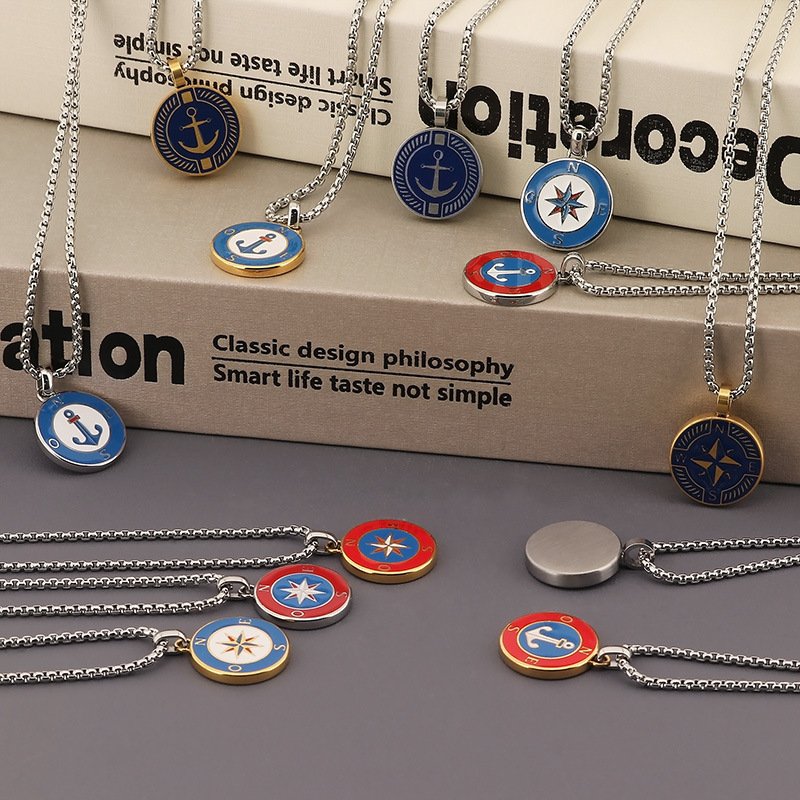 Couple Stainless Steel Nautical Boat Anchor Star Sea Compass Personality Niche Compass Design Sweater Chain Necklace
