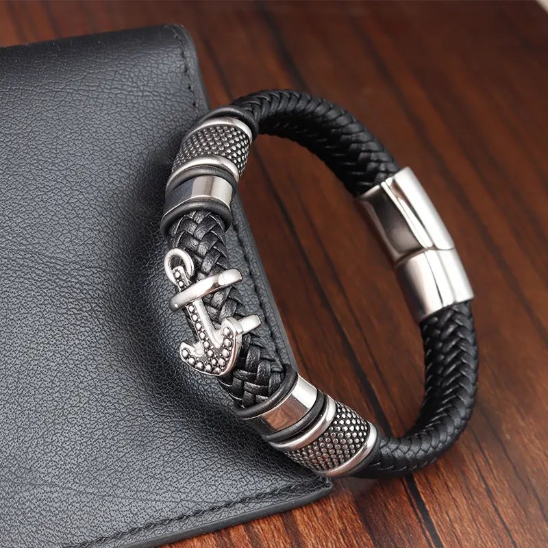 OT-240 Hot Sale Braided Genuine Leather Bracelet Retro Style Cross Stainless Steel Magnetic Clasp Charms Men's Leather Bracelets