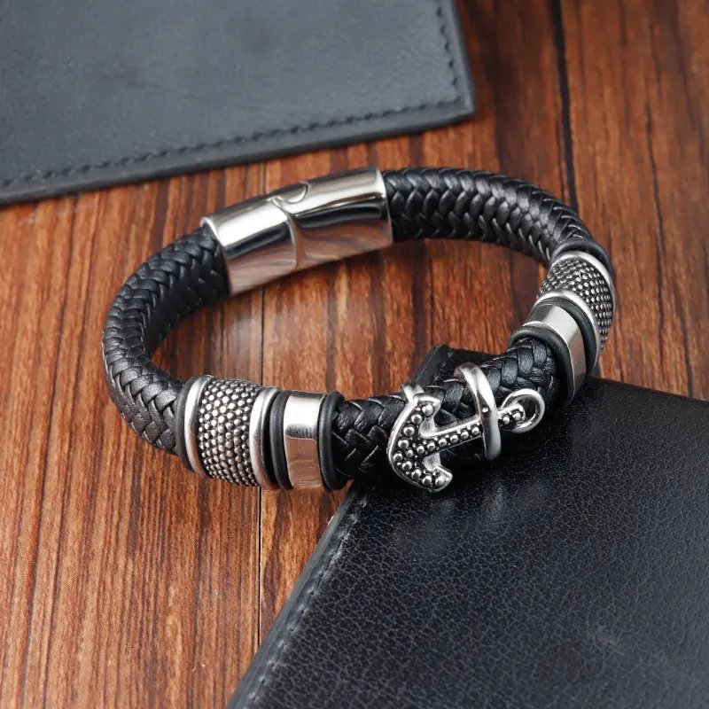 OT-240 Hot Sale Braided Genuine Leather Bracelet Retro Style Cross Stainless Steel Magnetic Clasp Charms Men's Leather Bracelets