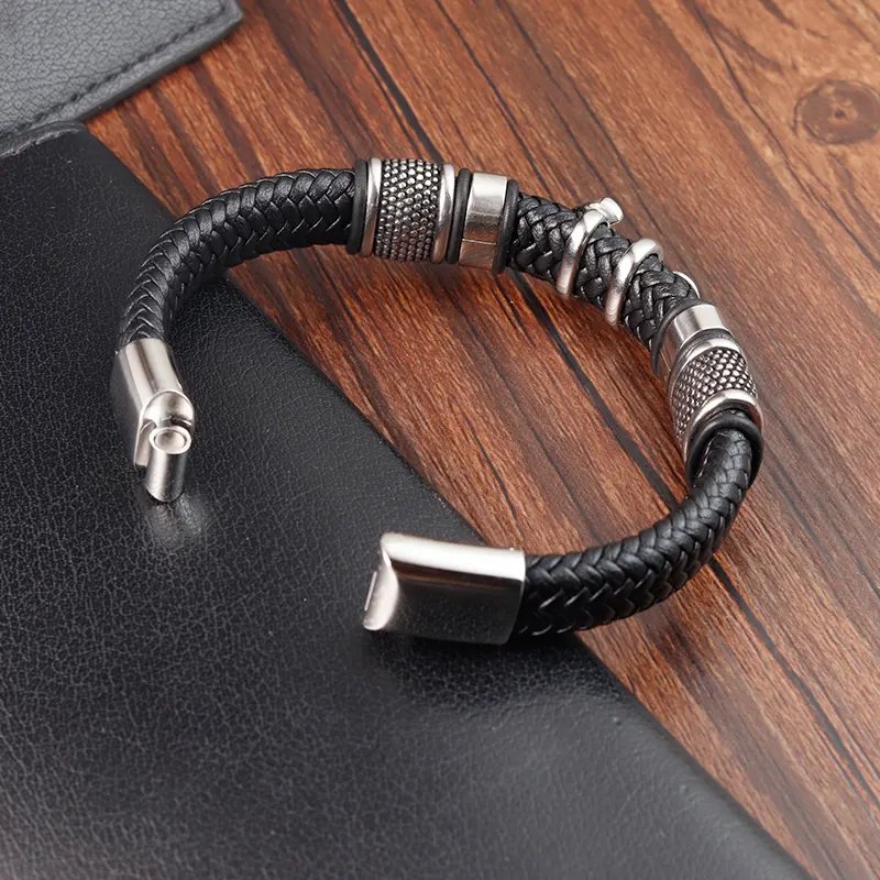 OT-240 Hot Sale Braided Genuine Leather Bracelet Retro Style Cross Stainless Steel Magnetic Clasp Charms Men's Leather Bracelets