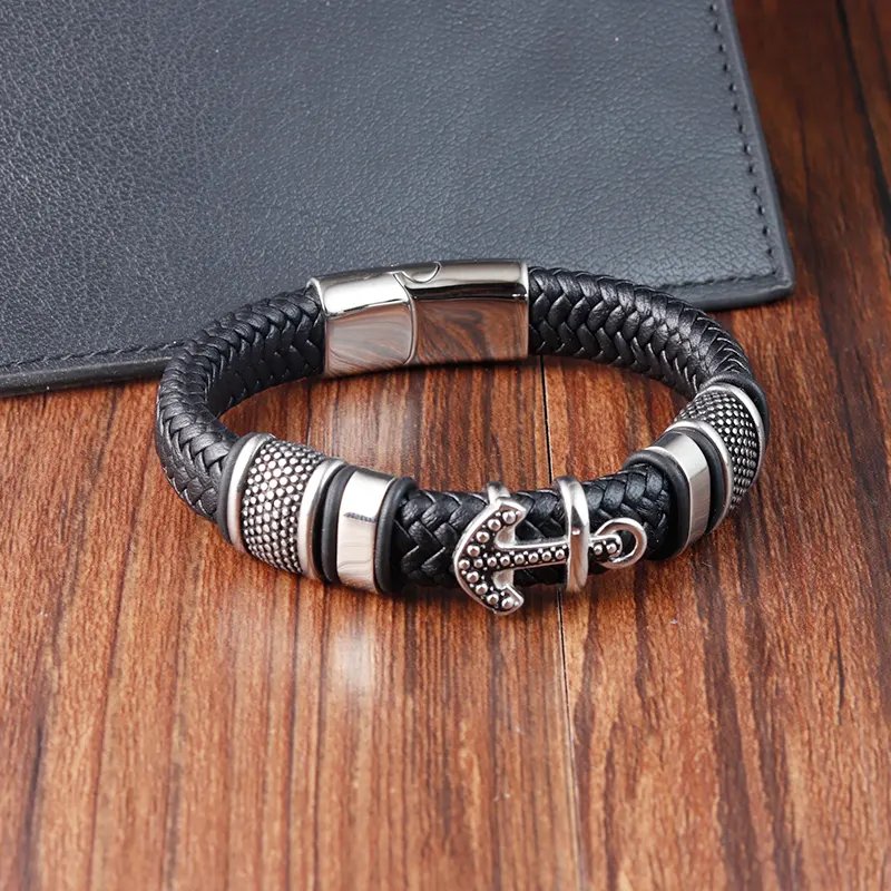 OT-240 Hot Sale Braided Genuine Leather Bracelet Retro Style Cross Stainless Steel Magnetic Clasp Charms Men's Leather Bracelets