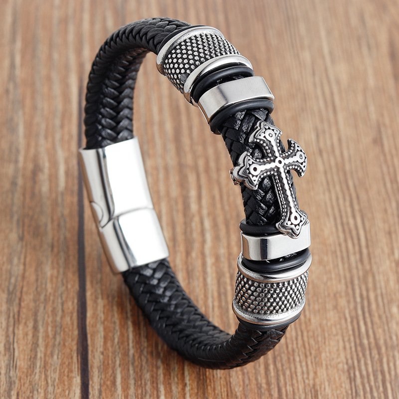 OT-240 Hot Sale Braided Genuine Leather Bracelet Retro Style Cross Stainless Steel Magnetic Clasp Charms Men's Leather Bracelets