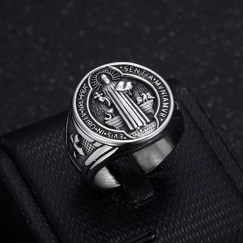 Hot Selling Hip-hop Titanium Steel Jewelry Saint Benedict's Exorcism Holy Plaque Gold-plated Men's Ring