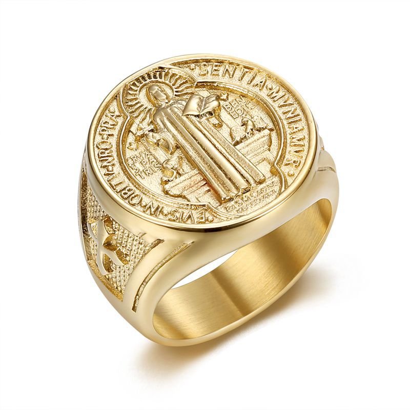 Hot Selling Hip-hop Titanium Steel Jewelry Saint Benedict's Exorcism Holy Plaque Gold-plated Men's Ring