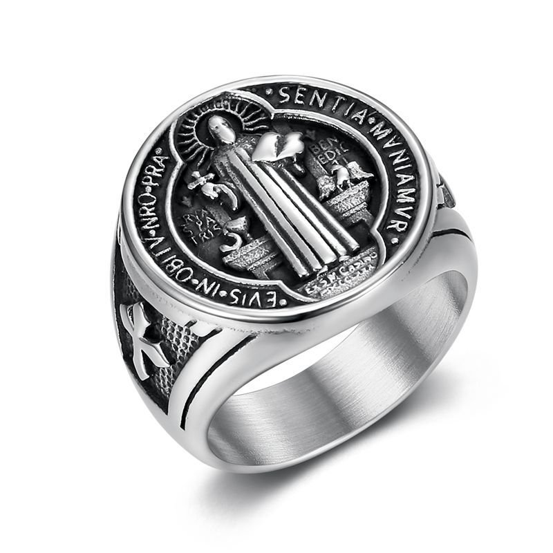 Hot Selling Hip-hop Titanium Steel Jewelry Saint Benedict's Exorcism Holy Plaque Gold-plated Men's Ring