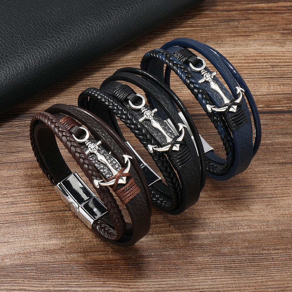 Fashion Boat Anchor Pendants Leather Alloy Magnetic Men Bracelet Genuine Braided Punk Rock Bangles Jewelry Gifts SLB277