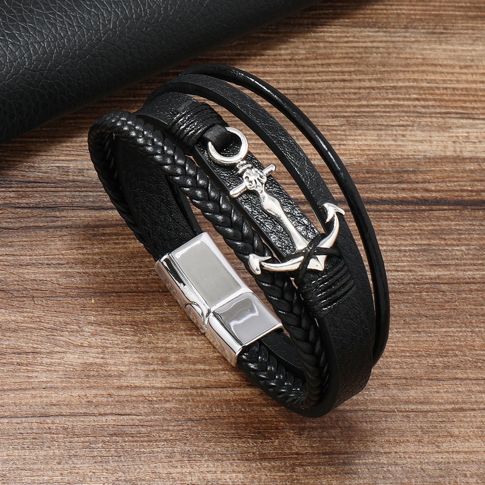 Fashion Boat Anchor Pendants Leather Alloy Magnetic Men Bracelet Genuine Braided Punk Rock Bangles Jewelry Gifts SLB277