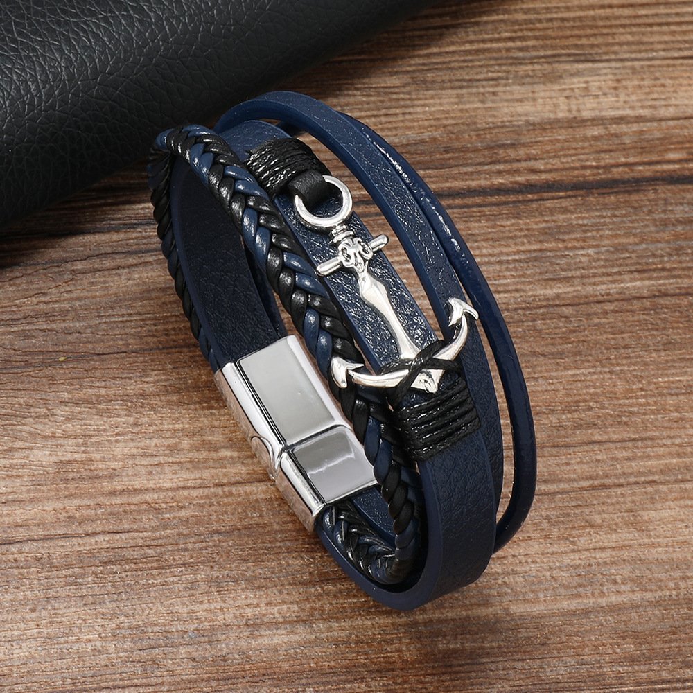 Fashion Boat Anchor Pendants Leather Alloy Magnetic Men Bracelet Genuine Braided Punk Rock Bangles Jewelry Gifts SLB277