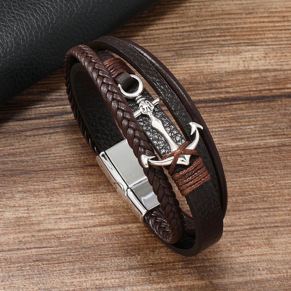 Fashion Boat Anchor Pendants Leather Alloy Magnetic Men Bracelet Genuine Braided Punk Rock Bangles Jewelry Gifts SLB277