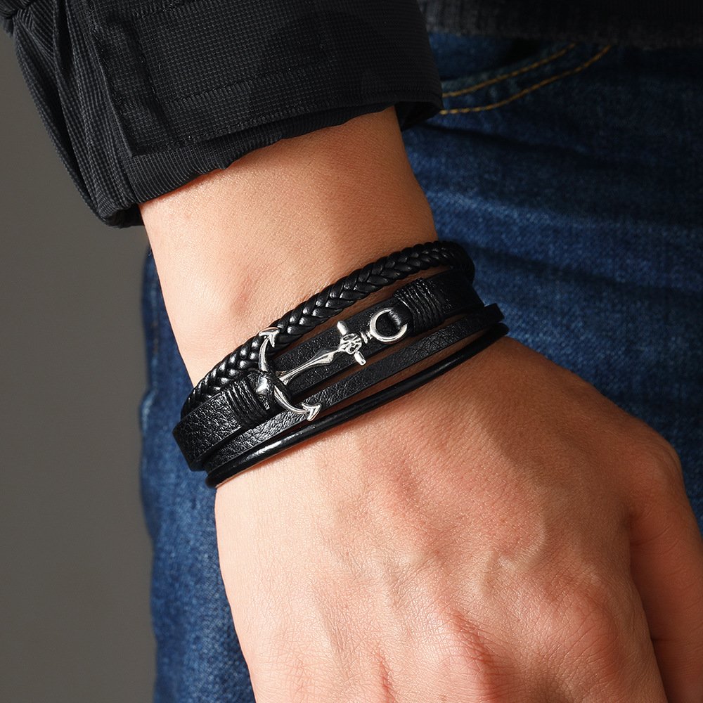 Fashion Boat Anchor Pendants Leather Alloy Magnetic Men Bracelet Genuine Braided Punk Rock Bangles Jewelry Gifts SLB277