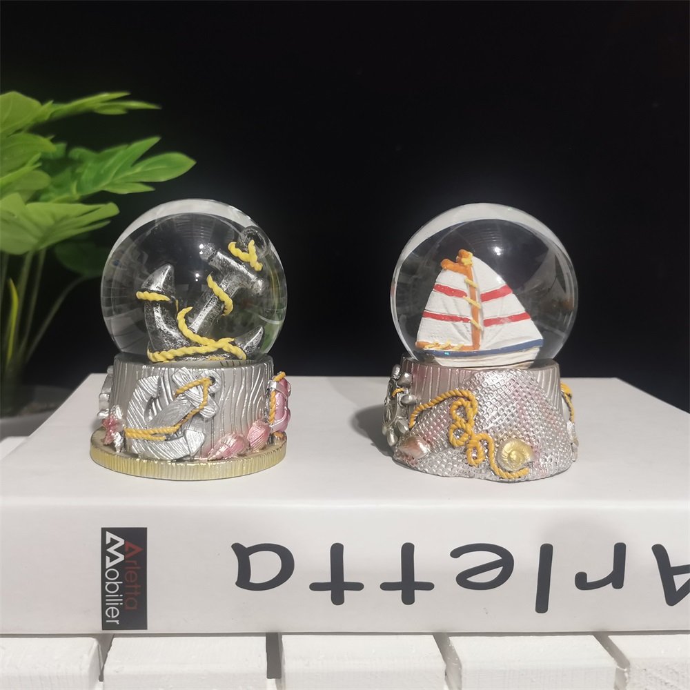 Custom Snow Globe Tourist Souvenir Snowflake Crystal Ball Creative Ocean Style Boat Sailboat Anchor Lighthouse Resin Snowball