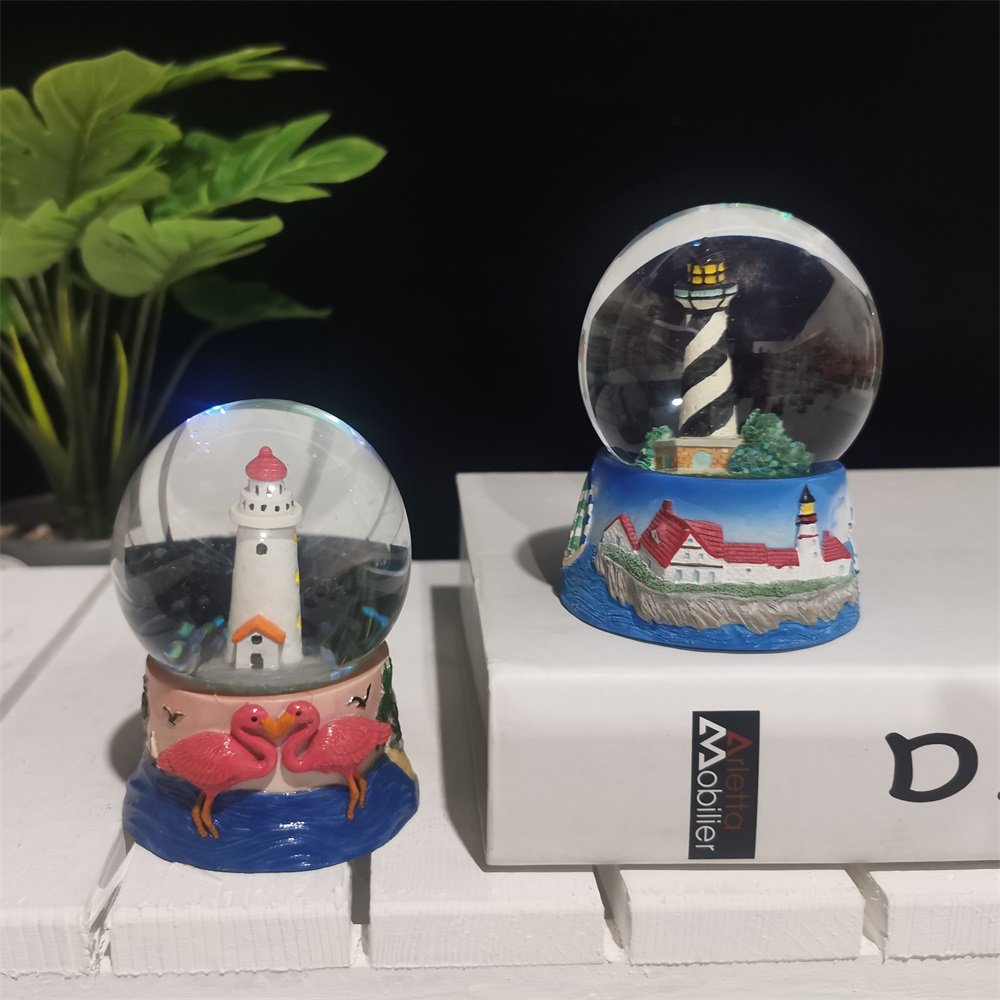 Custom Snow Globe Tourist Souvenir Snowflake Crystal Ball Creative Ocean Style Boat Sailboat Anchor Lighthouse Resin Snowball