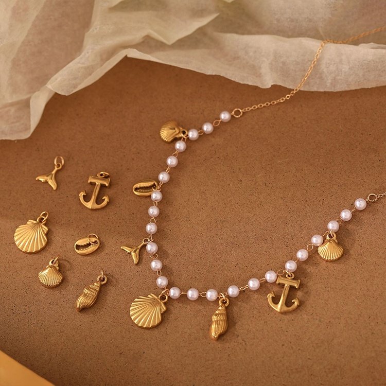 Wholesale Beach Party Ocean Pearl Series DIY Pendant Fishtail Shell Conch Boat Anchor Stainless Steel Necklace Pendant for Women