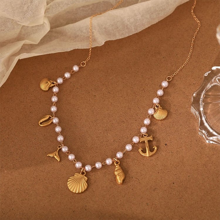 Wholesale Beach Party Ocean Pearl Series DIY Pendant Fishtail Shell Conch Boat Anchor Stainless Steel Necklace Pendant for Women