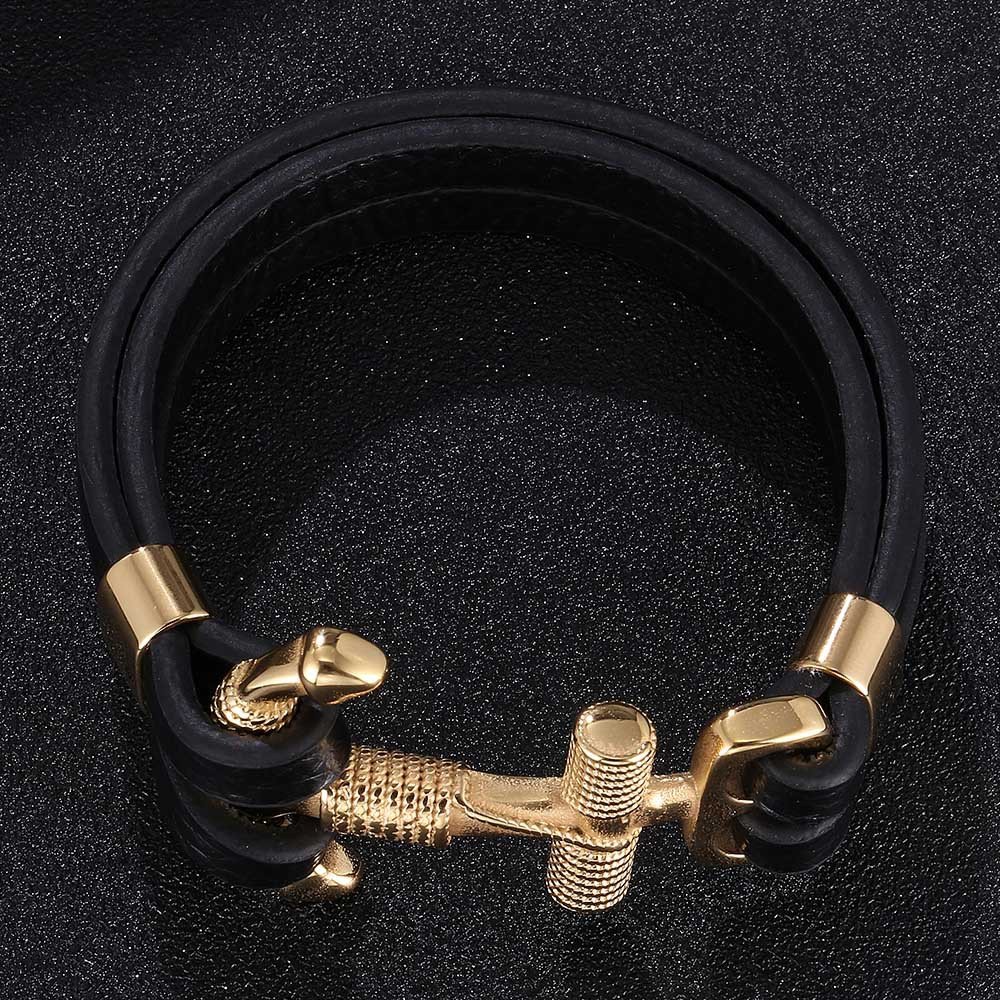 Premium Vintage 18K Gold Plated Stainless Steel Hook Anchor Clasp Punk Braided Real Genuine Leather Bracelet Men Fashion Jewelry