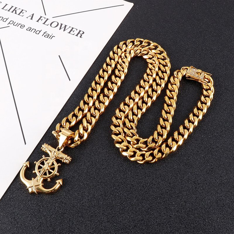High Quality Vintage Classic Cross Anchor Pendant Stainless Steel Necklace Custom Pvd Plated 18k Gold Fashion Men's Necklace