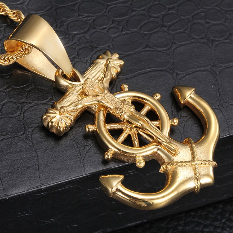 High Quality Vintage Classic Cross Anchor Pendant Stainless Steel Necklace Custom Pvd Plated 18k Gold Fashion Men's Necklace