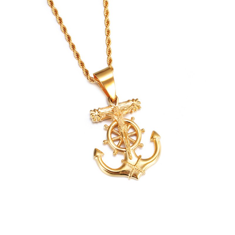 High Quality Vintage Classic Cross Anchor Pendant Stainless Steel Necklace Custom Pvd Plated 18k Gold Fashion Men's Necklace