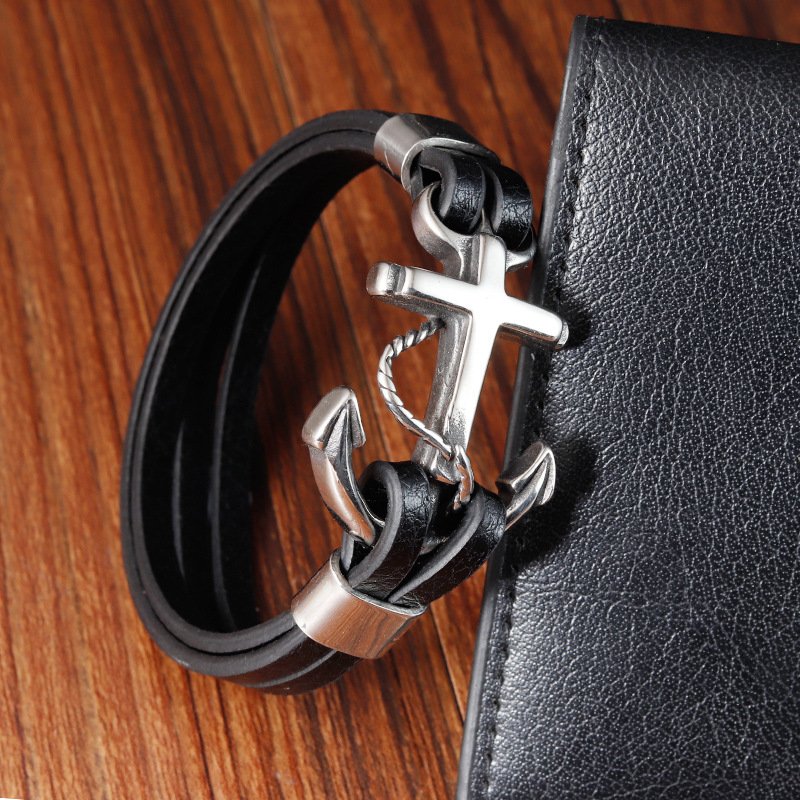 Bracelets Trend 2024 Stainless Steel Elegant Men's Genuine Leather Bracelets Boat Anchor Vintage Jewellery Wholesale