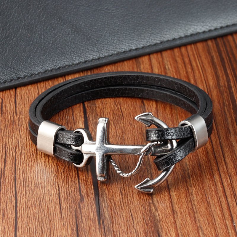 Bracelets Trend 2024 Stainless Steel Elegant Men's Genuine Leather Bracelets Boat Anchor Vintage Jewellery Wholesale