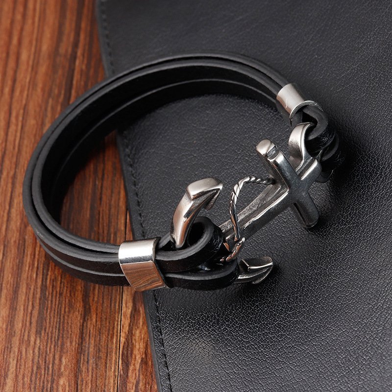 Bracelets Trend 2024 Stainless Steel Elegant Men's Genuine Leather Bracelets Boat Anchor Vintage Jewellery Wholesale