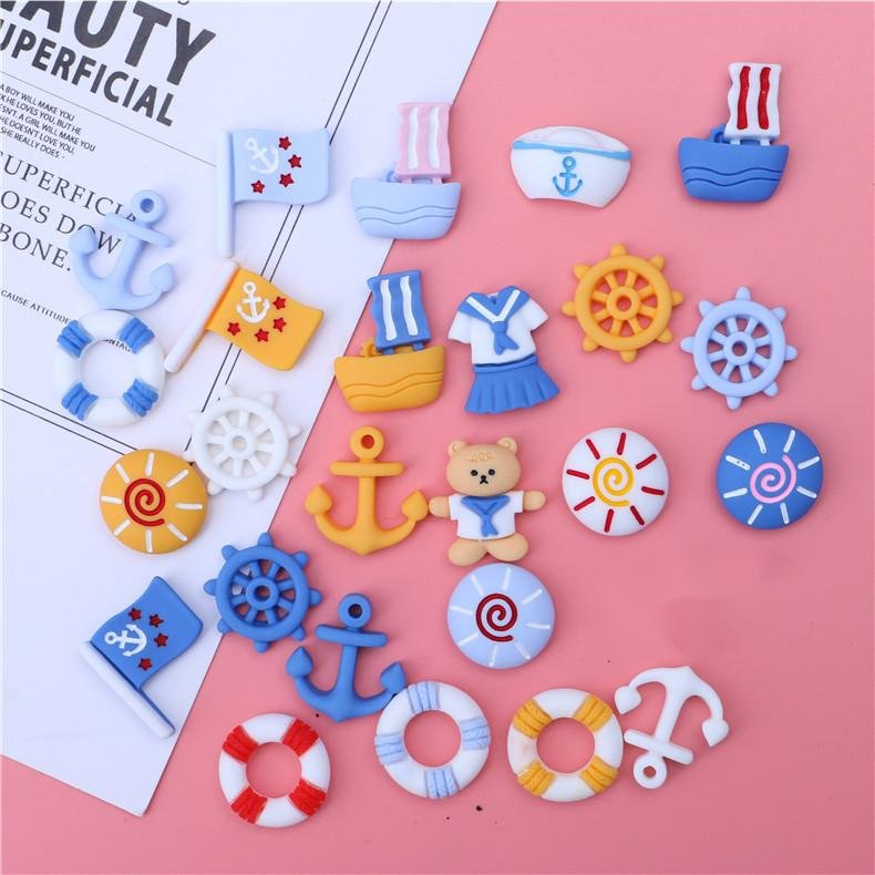 New Arrival Cartoon DIY Decoration Navy Style Swim Ring Boat Anchor Rudder Flag Resin Charms for Shoes Decoration