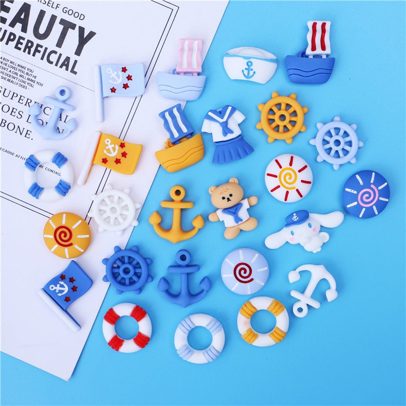 New Arrival Cartoon DIY Decoration Navy Style Swim Ring Boat Anchor Rudder Flag Resin Charms for Shoes Decoration