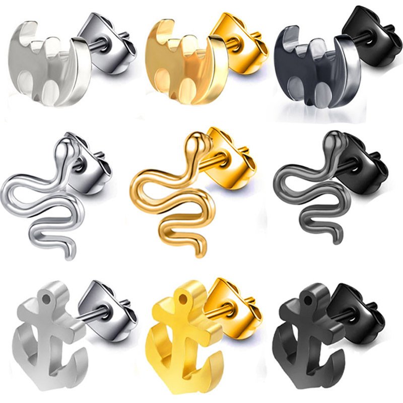 Punk Stainless Steel Ear Piercing Set with Snake Wrap Earring and Anchor Stud