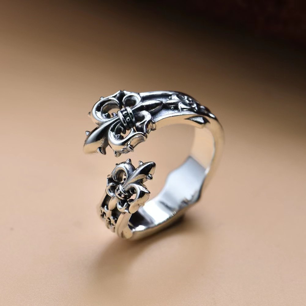 S925 Silver Personality Japanese and Korean Niche Wind Boat Anchor Fashion Open Ring Iris Cross Flower Hip-hop Jewelry