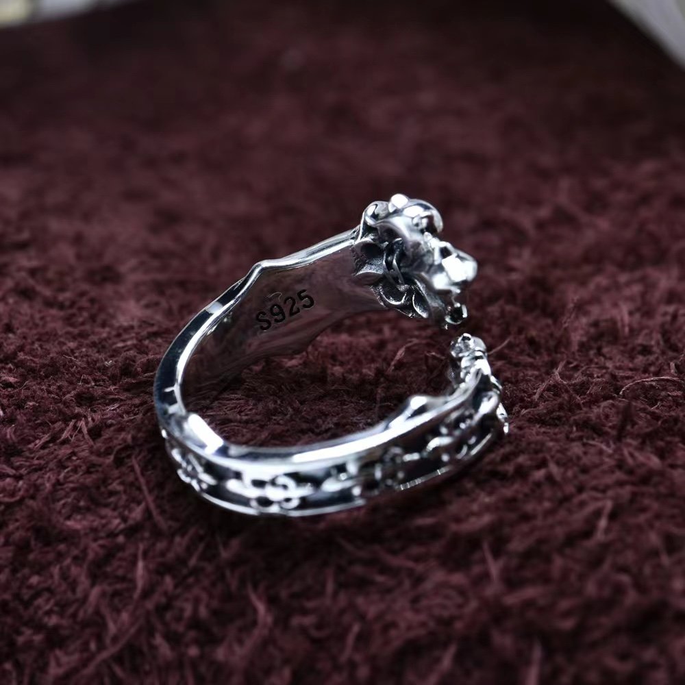 S925 Silver Personality Japanese and Korean Niche Wind Boat Anchor Fashion Open Ring Iris Cross Flower Hip-hop Jewelry
