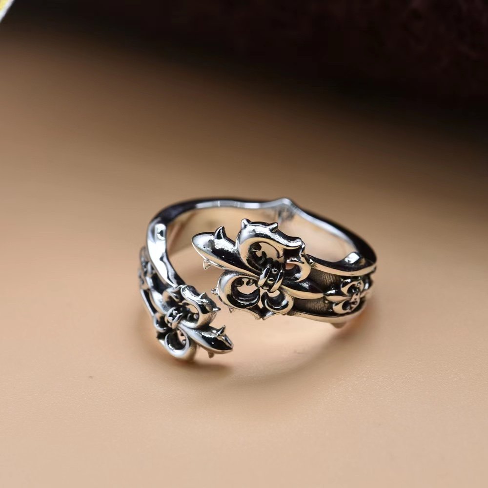 S925 Silver Personality Japanese and Korean Niche Wind Boat Anchor Fashion Open Ring Iris Cross Flower Hip-hop Jewelry