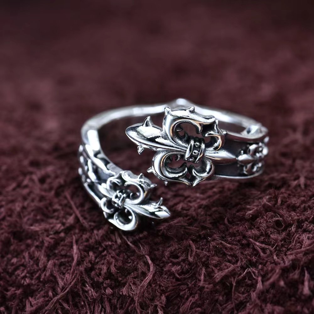 S925 Silver Personality Japanese and Korean Niche Wind Boat Anchor Fashion Open Ring Iris Cross Flower Hip-hop Jewelry