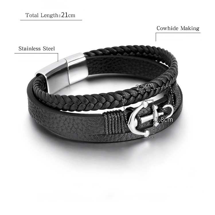 Boat Anchor Charm Bracelet Stainless Steel Buckle Genuine Leather Multilayer Wrap Bracelets Bangle Cuff Men Fine Jewelry