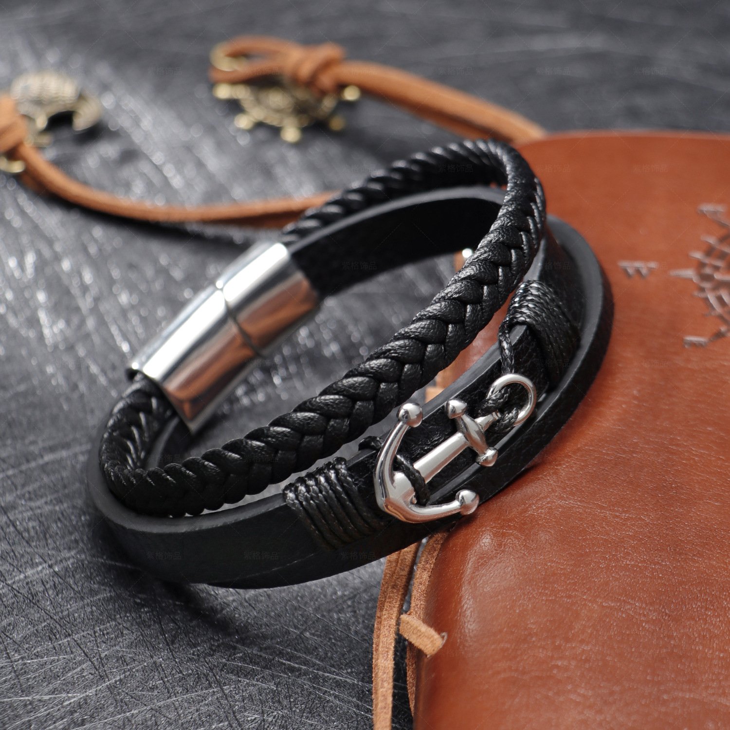 Boat Anchor Charm Bracelet Stainless Steel Buckle Genuine Leather Multilayer Wrap Bracelets Bangle Cuff Men Fine Jewelry