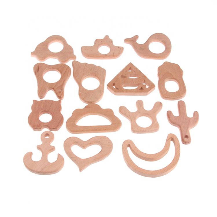 High Quality Natural Organic Baby Wooden Teethers Organic Assorted Design Beech Wood Teether for Baby