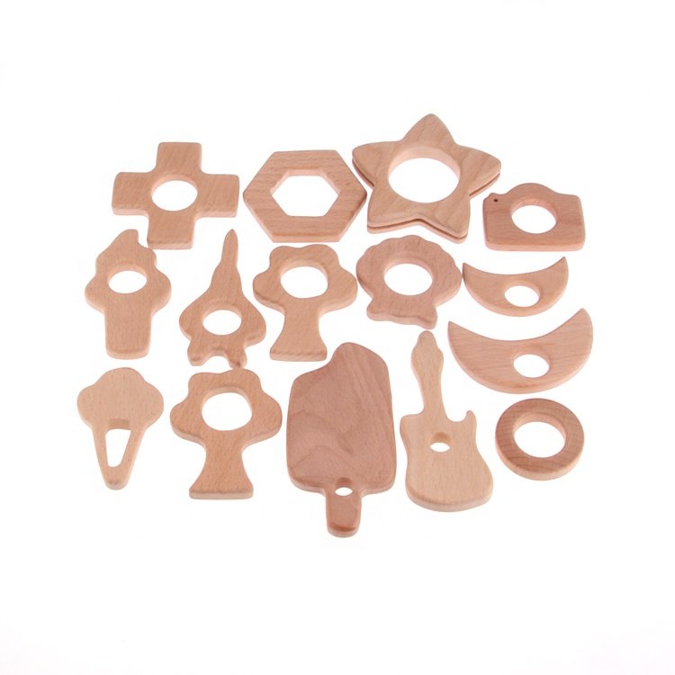 High Quality Natural Organic Baby Wooden Teethers Organic Assorted Design Beech Wood Teether for Baby