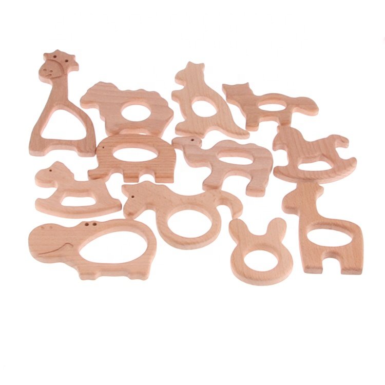 High Quality Natural Organic Baby Wooden Teethers Organic Assorted Design Beech Wood Teether for Baby