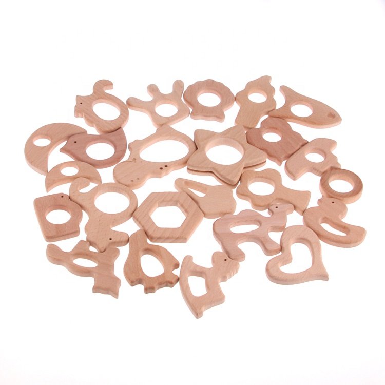 High Quality Natural Organic Baby Wooden Teethers Organic Assorted Design Beech Wood Teether for Baby