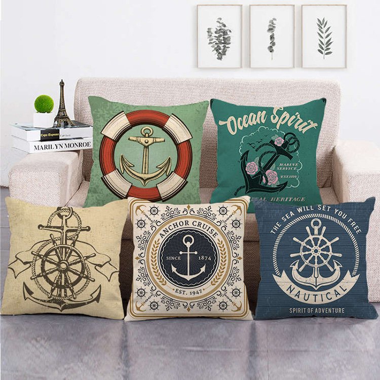 Mediterranean Style Boat Anchor Starfish Sofa Throw Pillow Case Print Linen Nautical Cushion Cover