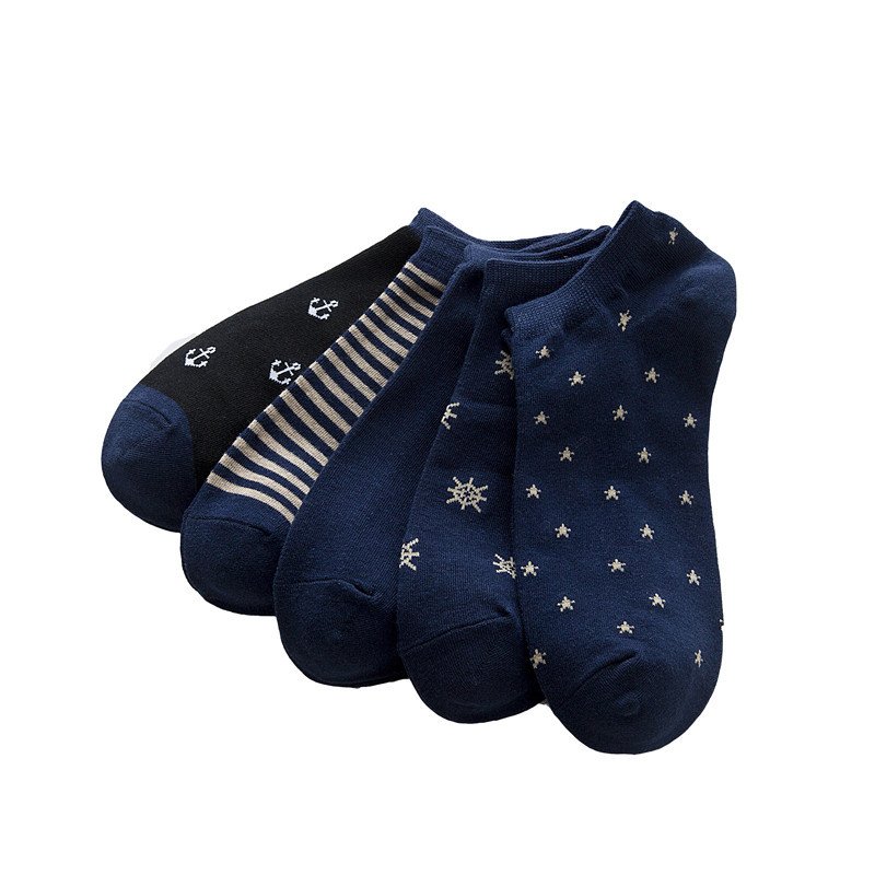 Navy Style Men'S Low Cut Anchor Socks Dark Blue Color Mesh Breathable Thin Stripe Dot Cotton Boat Socks