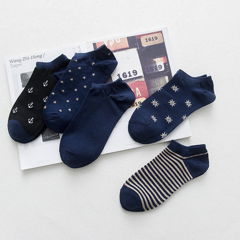 Navy Style Men'S Low Cut Anchor Socks Dark Blue Color Mesh Breathable Thin Stripe Dot Cotton Boat Socks