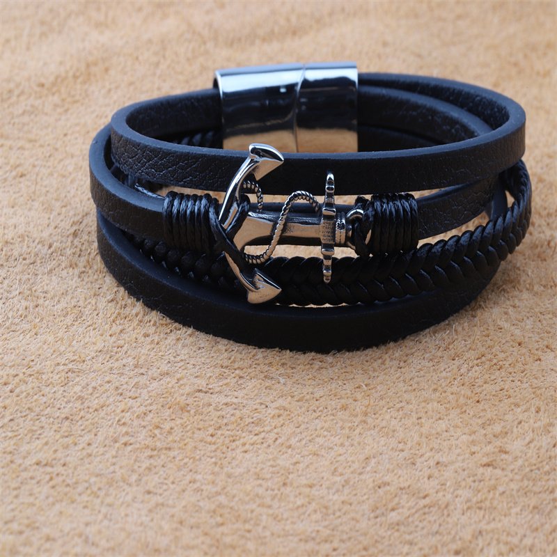 Hot Sale Stainless Steel Charm Pour Homme Bracelets With Boat Anchor Magnetic Buckle Genuine Leather Multilayer Bangles for Men