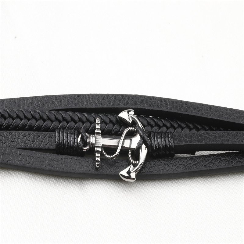 Hot Sale Stainless Steel Charm Pour Homme Bracelets With Boat Anchor Magnetic Buckle Genuine Leather Multilayer Bangles for Men