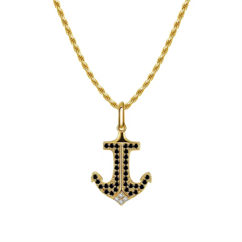 925 Sterling Silver Jewelry 18K Gold Plated Boat Anchor Pendant Charm Brown Black Leather Cord Chain Necklace