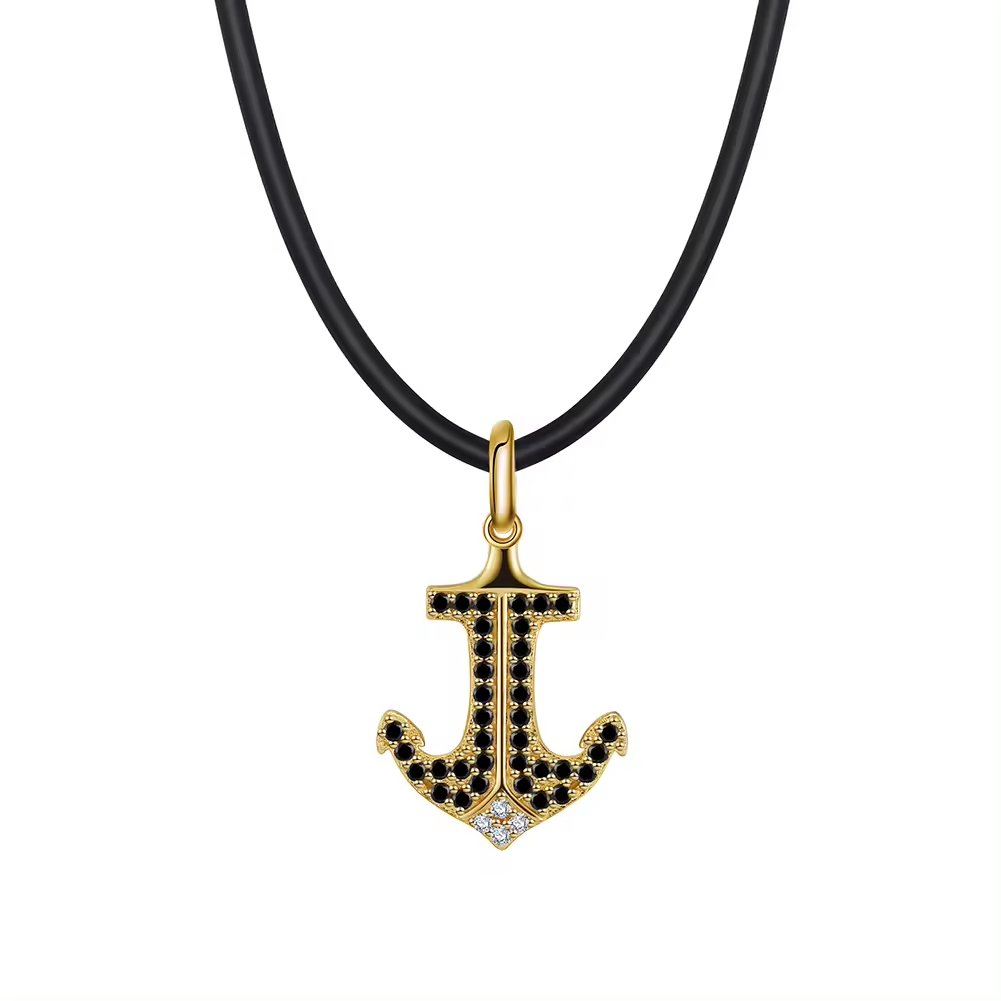 925 Sterling Silver Jewelry 18K Gold Plated Boat Anchor Pendant Charm Brown Black Leather Cord Chain Necklace