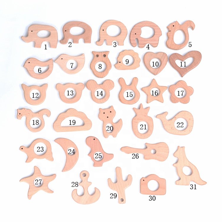 High Quality Unfinished Natural Wood Carved Animals Shape Baby Wooden Teether Toy