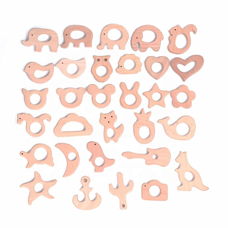 High Quality Unfinished Natural Wood Carved Animals Shape Baby Wooden Teether Toy