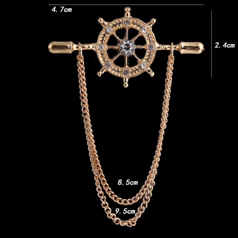 Navy Wind Boat Anchor with Diamond Chain Fashion Pin Men's Suit Accessories Personality Rudder Chain Brooch