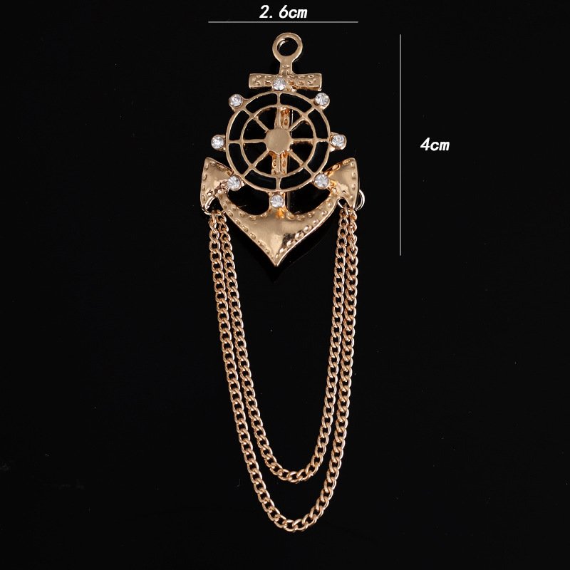 Navy Wind Boat Anchor with Diamond Chain Fashion Pin Men's Suit Accessories Personality Rudder Chain Brooch